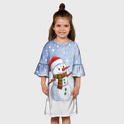 Платье клеш для девочки Весёлый снеговик в колпаке, цвет: 3D-принт — фото 2
