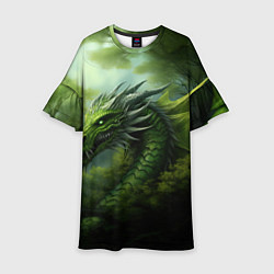 Платье клеш для девочки Зеленый фэнтази дракон 2024, цвет: 3D-принт