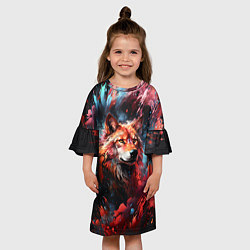 Платье клеш для девочки Красный волк в брызгах краски, цвет: 3D-принт — фото 2
