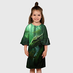 Платье клеш для девочки Зеленый лесной дракон 2024, цвет: 3D-принт — фото 2