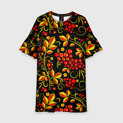 Платье клеш для девочки Хохломская роспись золотистые листья чёрном фоне, цвет: 3D-принт