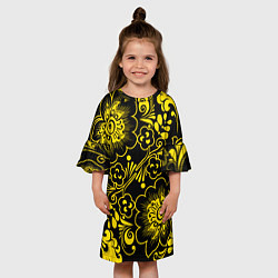 Платье клеш для девочки Хохломская роспись золотые цветы на чёроном фоне, цвет: 3D-принт — фото 2