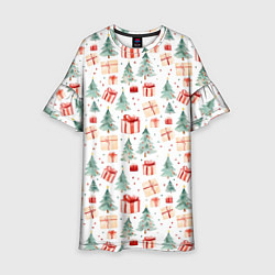 Платье клеш для девочки Акварельные елочки и подарки, цвет: 3D-принт