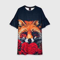 Платье клеш для девочки Лисица с цветами и сердечками, цвет: 3D-принт