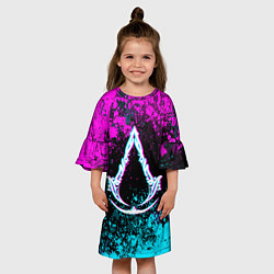 Платье клеш для девочки Ассасин крид мираж- неоновые брызги, цвет: 3D-принт — фото 2