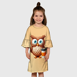 Платье клеш для девочки Растрепанная сова со стаканчиком кофе, цвет: 3D-принт — фото 2