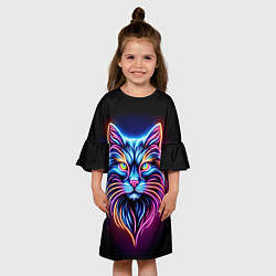 Платье клеш для девочки Суровый неоновый кот, цвет: 3D-принт — фото 2