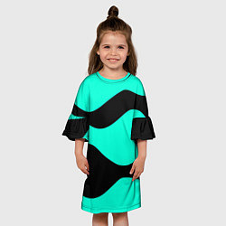 Платье клеш для девочки Бирюзовый в чёрные волнистые полосы абстракция, цвет: 3D-принт — фото 2
