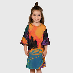 Платье клеш для девочки Абстрактная городская улица со зданиями и река, цвет: 3D-принт — фото 2