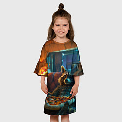 Платье клеш для девочки Енот с пиццей на диване, цвет: 3D-принт — фото 2