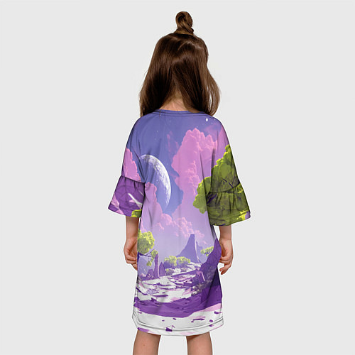 Детское платье Фиолетовые горы зеленые деревья и космос / 3D-принт – фото 4