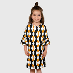 Платье клеш для девочки Жёлтые и белые ромбы на чёрном фоне, цвет: 3D-принт — фото 2