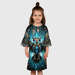 Платье клеш для девочки Величественная кибернетическая сова на фоне футури, цвет: 3D-принт — фото 2