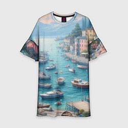 Платье клеш для девочки Гавань с лодками, цвет: 3D-принт