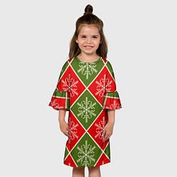 Платье клеш для девочки Рождественский паттерн со снежинками в ромбах, цвет: 3D-принт — фото 2