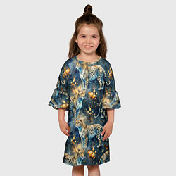 Платье клеш для девочки Леопард и золотые капли на синем фоне, цвет: 3D-принт — фото 2