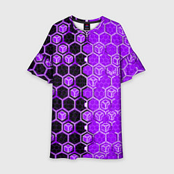 Платье клеш для девочки Техно-киберпанк шестиугольники фиолетовый и чёрный, цвет: 3D-принт