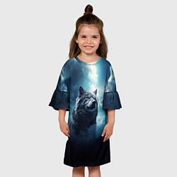 Платье клеш для девочки Волк ночное синее небо, цвет: 3D-принт — фото 2