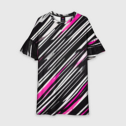 Детское платье Диагональные розово-белые полосы на чёрном фоне