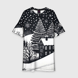 Платье клеш для девочки Новый год в черно-белом стиле, цвет: 3D-принт