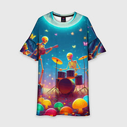 Платье клеш для девочки Квинтет скелетов музицирует на грибной поляне, цвет: 3D-принт