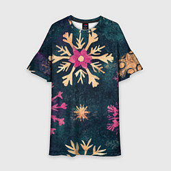 Платье клеш для девочки Новогодние разноцветные снежинки, цвет: 3D-принт