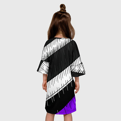 Детское платье Диагональные чёрно-белые полосы на фиолетовом фоне / 3D-принт – фото 4