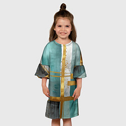 Платье клеш для девочки Узоры акварелью бирюзового и золотого цвета, цвет: 3D-принт — фото 2