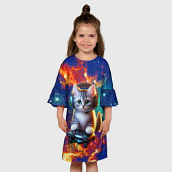 Платье клеш для девочки Удивительный мир котёнка игромана, цвет: 3D-принт — фото 2