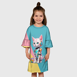 Платье клеш для девочки Кибер котёнок с мячиком - милашка, цвет: 3D-принт — фото 2