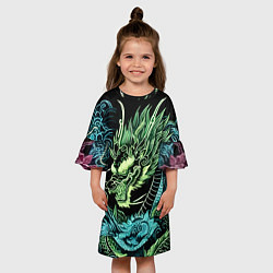 Платье клеш для девочки Ирезуми - неоновый японский дракон, цвет: 3D-принт — фото 2