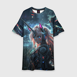 Платье клеш для девочки Девушка - единорог киберпанк, цвет: 3D-принт