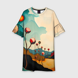 Платье клеш для девочки Сюрреалистичный пейзаж с цветами, цвет: 3D-принт