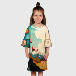 Платье клеш для девочки Сюрреалистичный пейзаж с цветами, цвет: 3D-принт — фото 2
