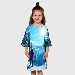 Платье клеш для девочки Лыжник в зимнем лесу, цвет: 3D-принт — фото 2