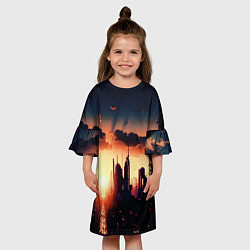 Платье клеш для девочки Пейзаж город будущего закат, цвет: 3D-принт — фото 2