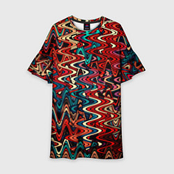 Платье клеш для девочки Искажённые волнистые полосы красно-синий, цвет: 3D-принт