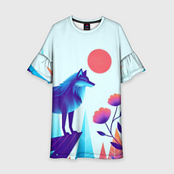 Платье клеш для девочки Волк в долине охраняет цветок, цвет: 3D-принт