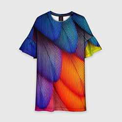 Платье клеш для девочки Радужные перья попугая, цвет: 3D-принт