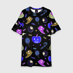 Платье клеш для девочки Halloween blue black pumpkin, цвет: 3D-принт