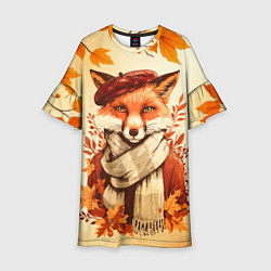Платье клеш для девочки Осенний лис в шарфе, цвет: 3D-принт