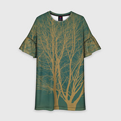 Детское платье Осенние деревья в тумане на зеленом фоне