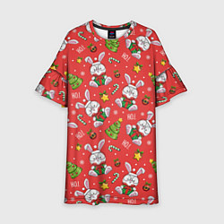 Детское платье Новогодний паттерн с зайчиком