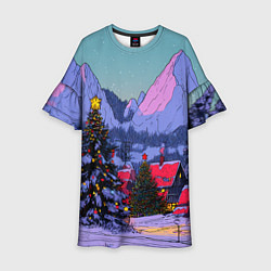 Платье клеш для девочки Новогодние елки в горном городке, цвет: 3D-принт