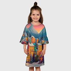 Платье клеш для девочки Новогодний город в горах, цвет: 3D-принт — фото 2