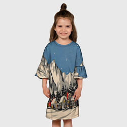 Платье клеш для девочки Небольшой новогодний город в горах, цвет: 3D-принт — фото 2