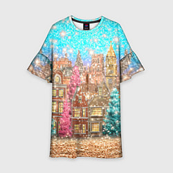 Платье клеш для девочки Новогодний город в блестках, цвет: 3D-принт