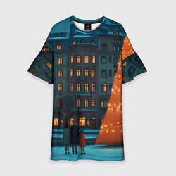 Платье клеш для девочки Городская светящаяся елка, цвет: 3D-принт