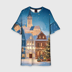 Платье клеш для девочки Новогодний дворик и елка, цвет: 3D-принт