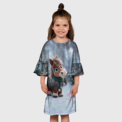 Платье клеш для девочки Маленькая лошадка в новогоднем лесу, цвет: 3D-принт — фото 2